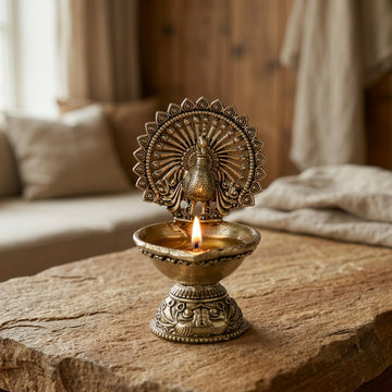 Antique Brass Peacock Diya Stand | Mor Design Oil Lamp
