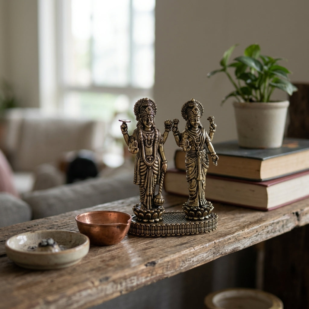Antique Brass Lakshmi Vishnu Idol Set | Fine Brass Laxmi Narayan Murti