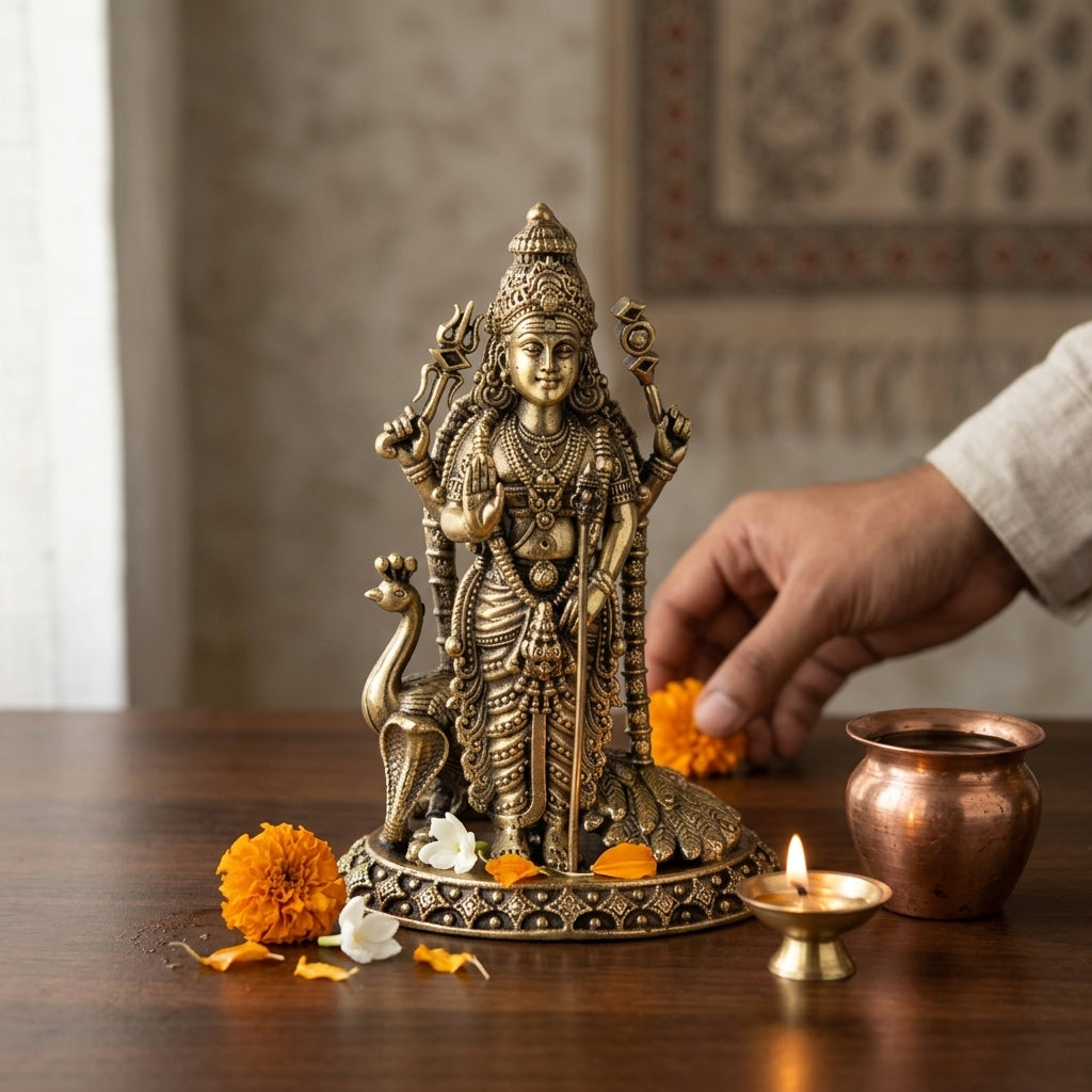 Antique Brass Lord Kartikeya Murugan Idol with Peacock | Subramanya Swamy Statue