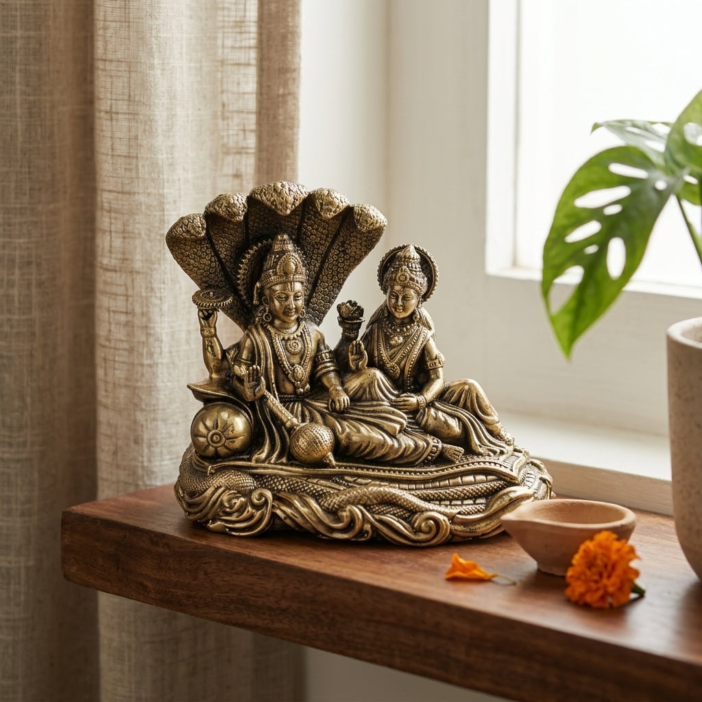 Fine Brass Vishnu Lakshmi Idol on Sheshnag – Decorative Spiritual Showpiece