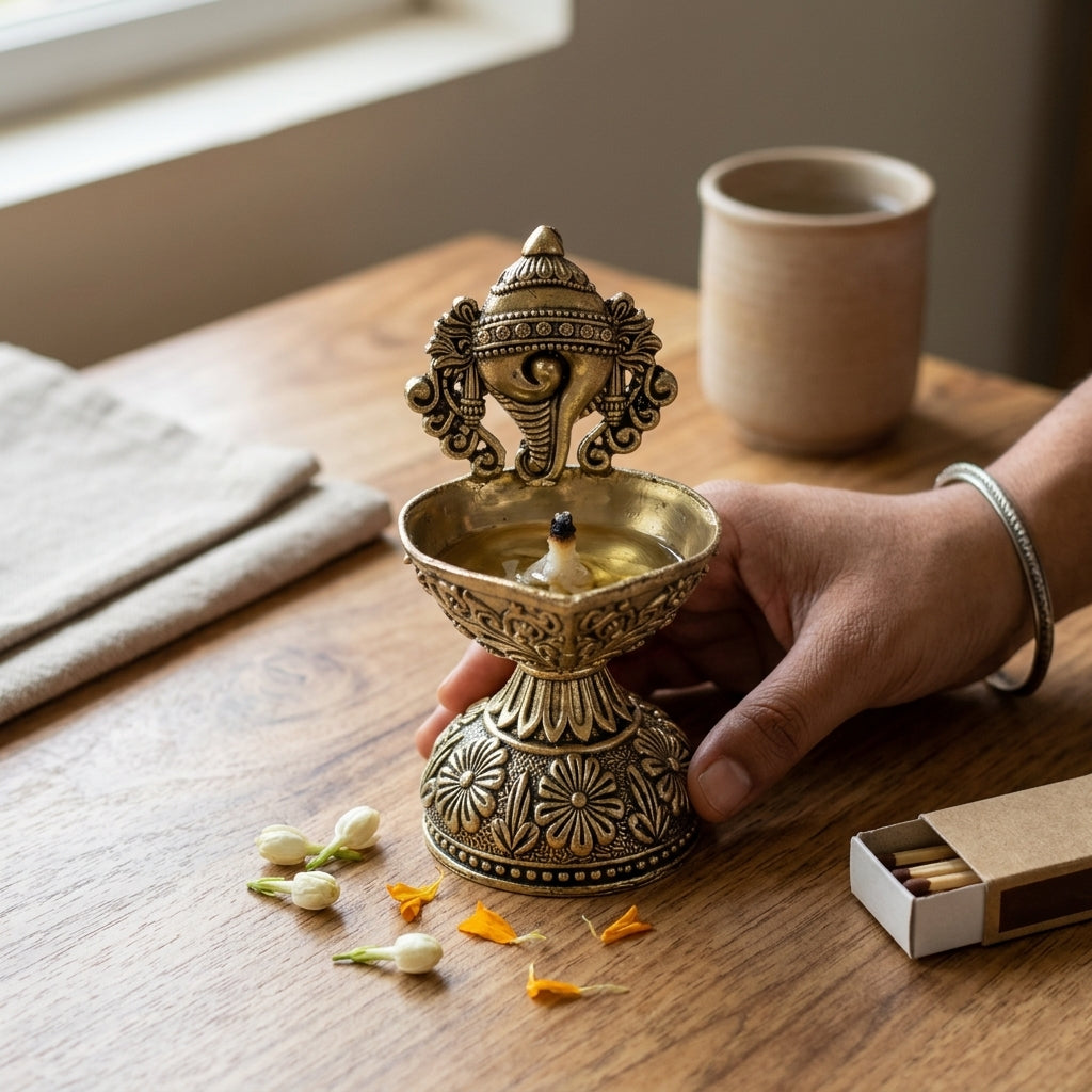 Antique Brass Shankh Diya Stand | Conch Design Oil Lamp