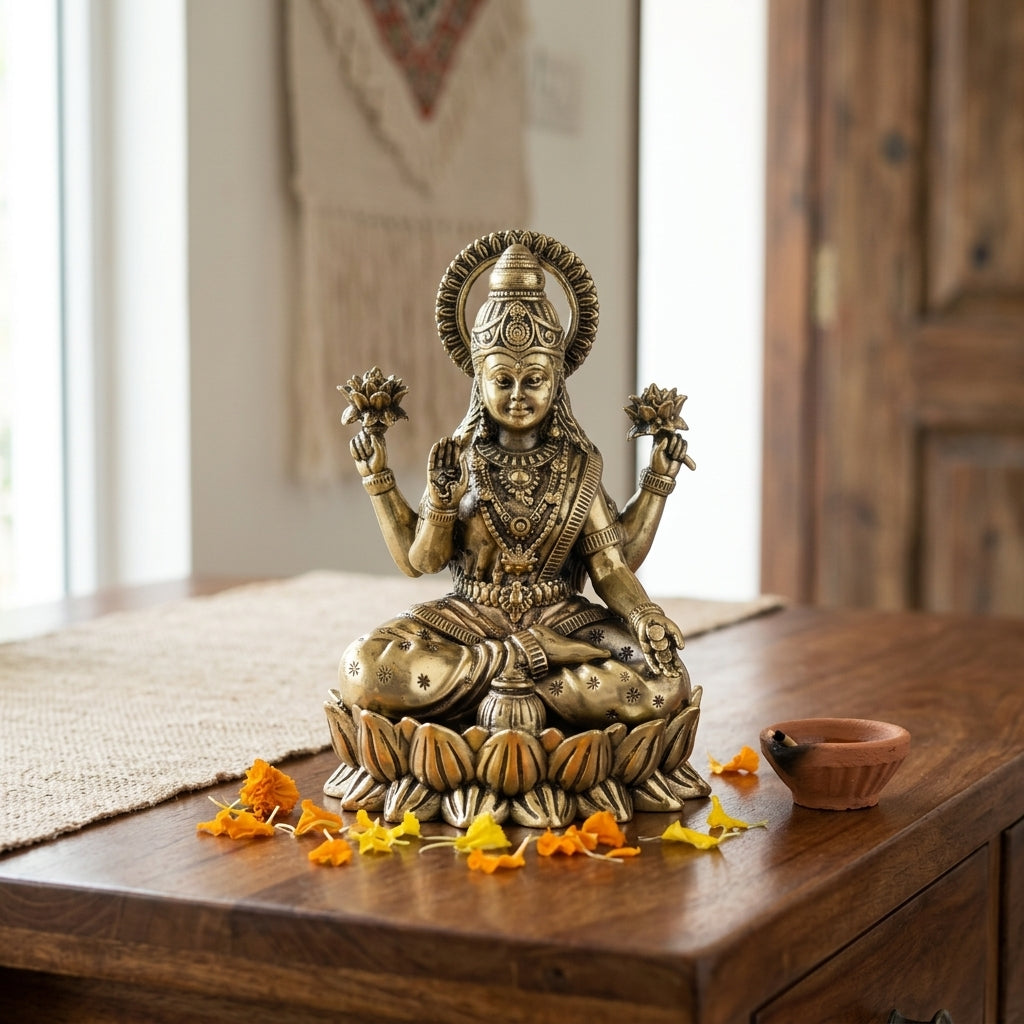 Antique Brass Goddess Lakshmi Idol Sitting on Lotus | Wealth & Prosperity Statue