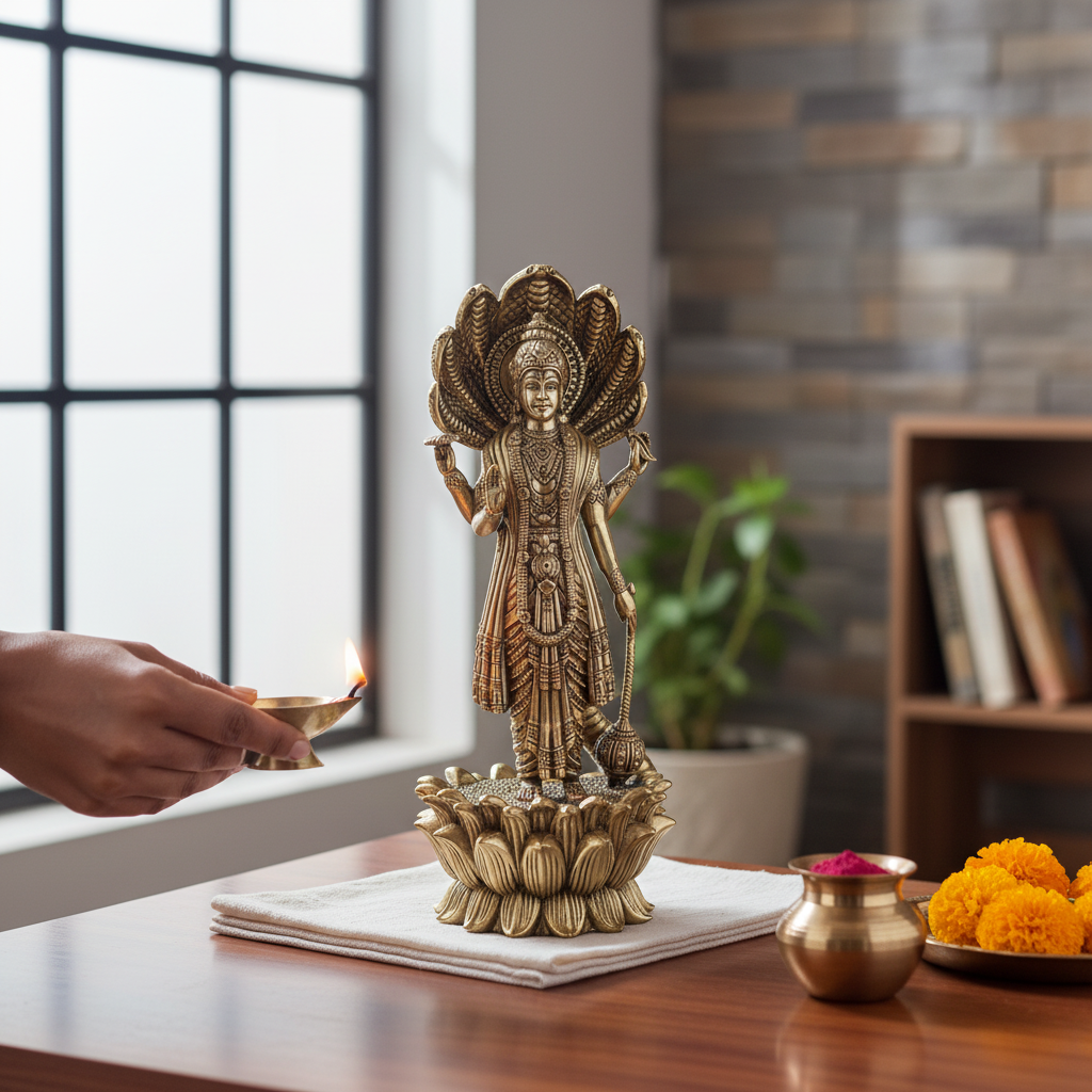 Antique Brass Standing God Vishnu Idol – Fine Brass Lord Vishnu Murti