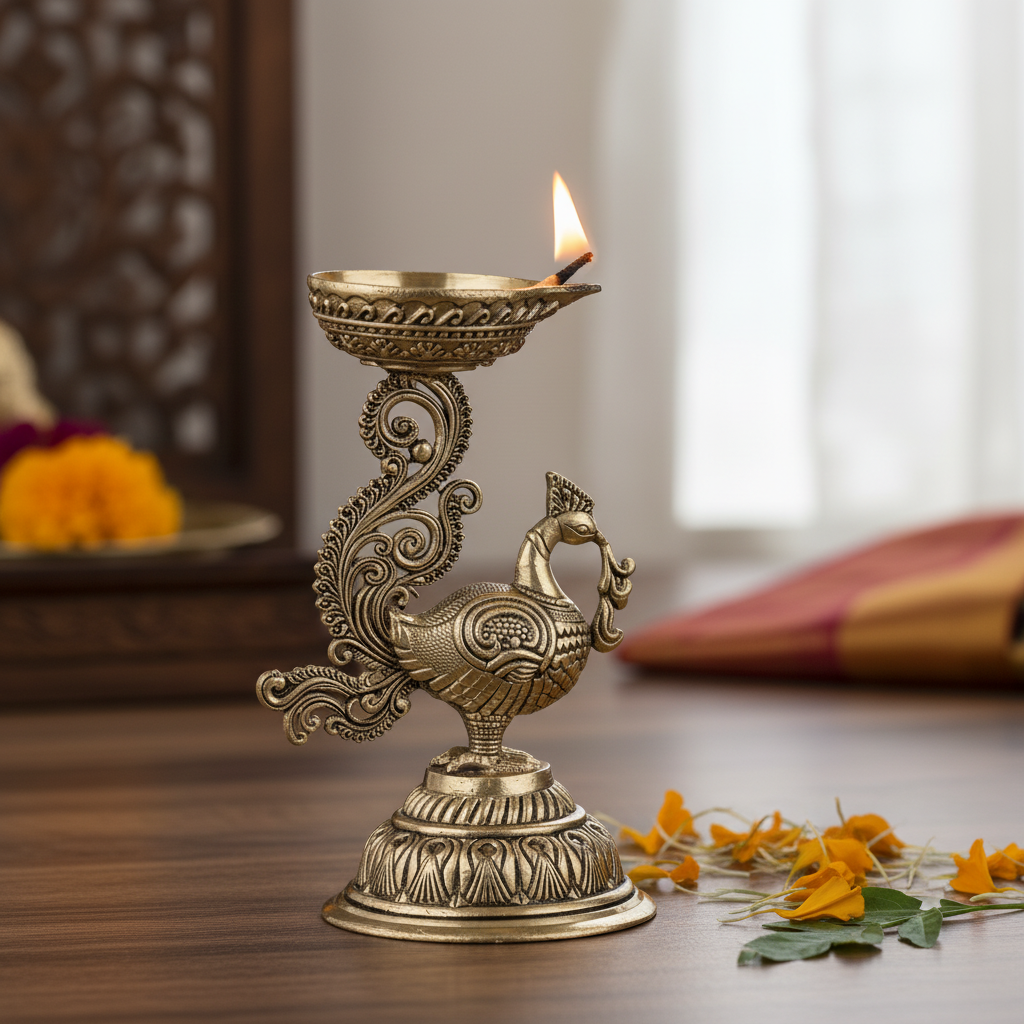 Fine Brass Peacock Diya Oil Lamp for Home Temple & Décor – Medium Size