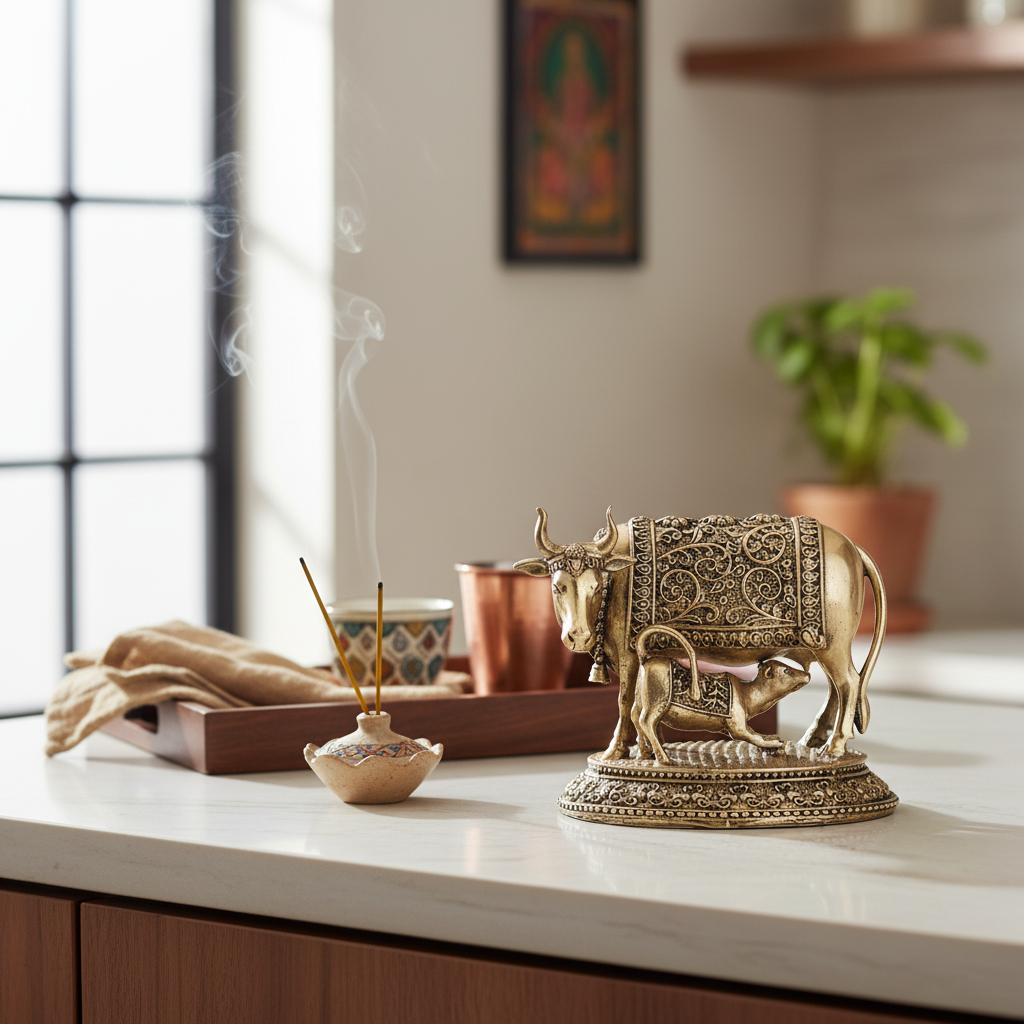 Antique Brass Kamdhenu Cow with Calf Idol | Fine Brass Gau Mata Murti