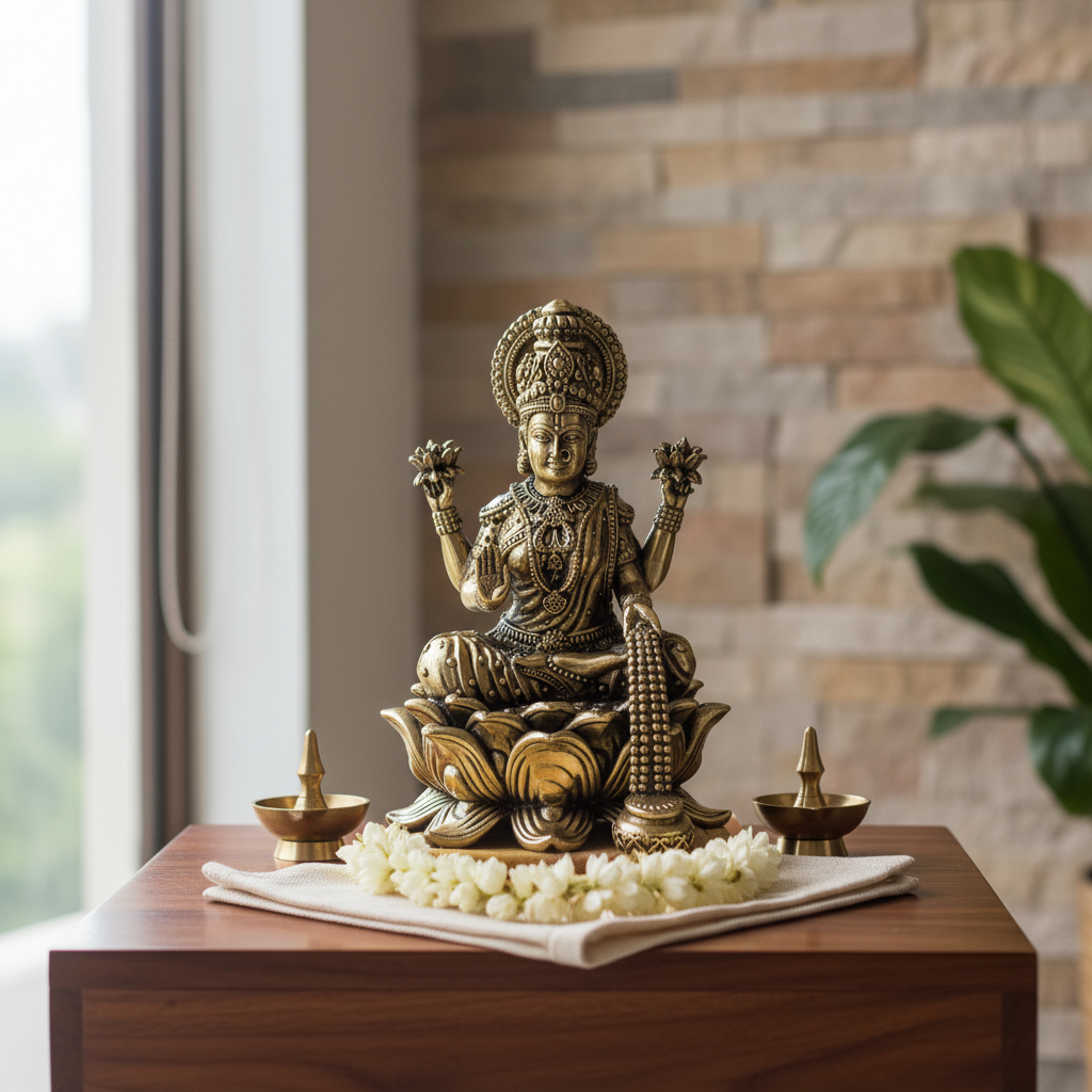 Fine Brass Maa Lakshmi Idol on Lotus – Medium Size
