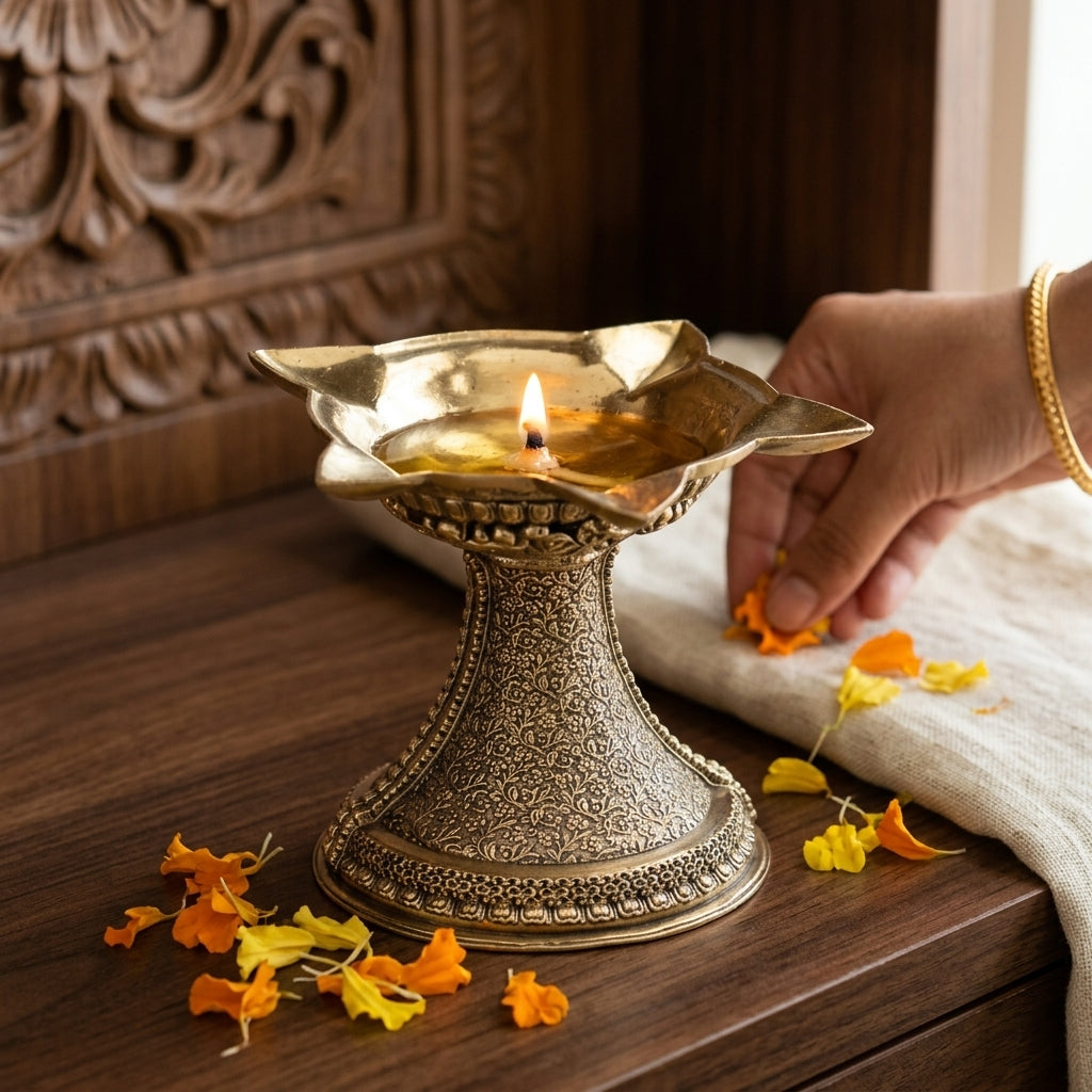 Heavy Antique Brass Lotus Diya Stand | Large Decorative Brass Oil Lamp