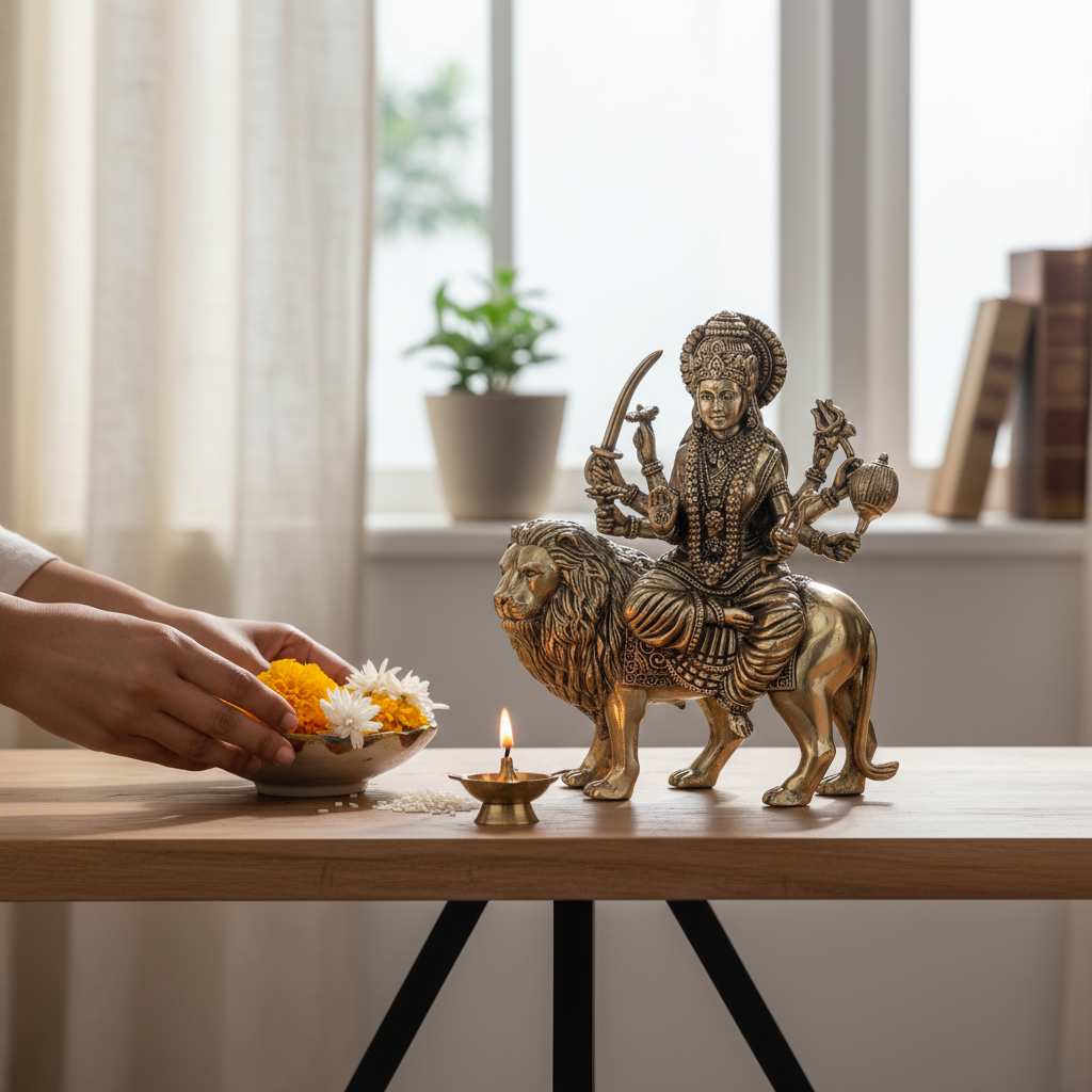 Fine Brass Durga Maa Idol with Lion – Medium Size