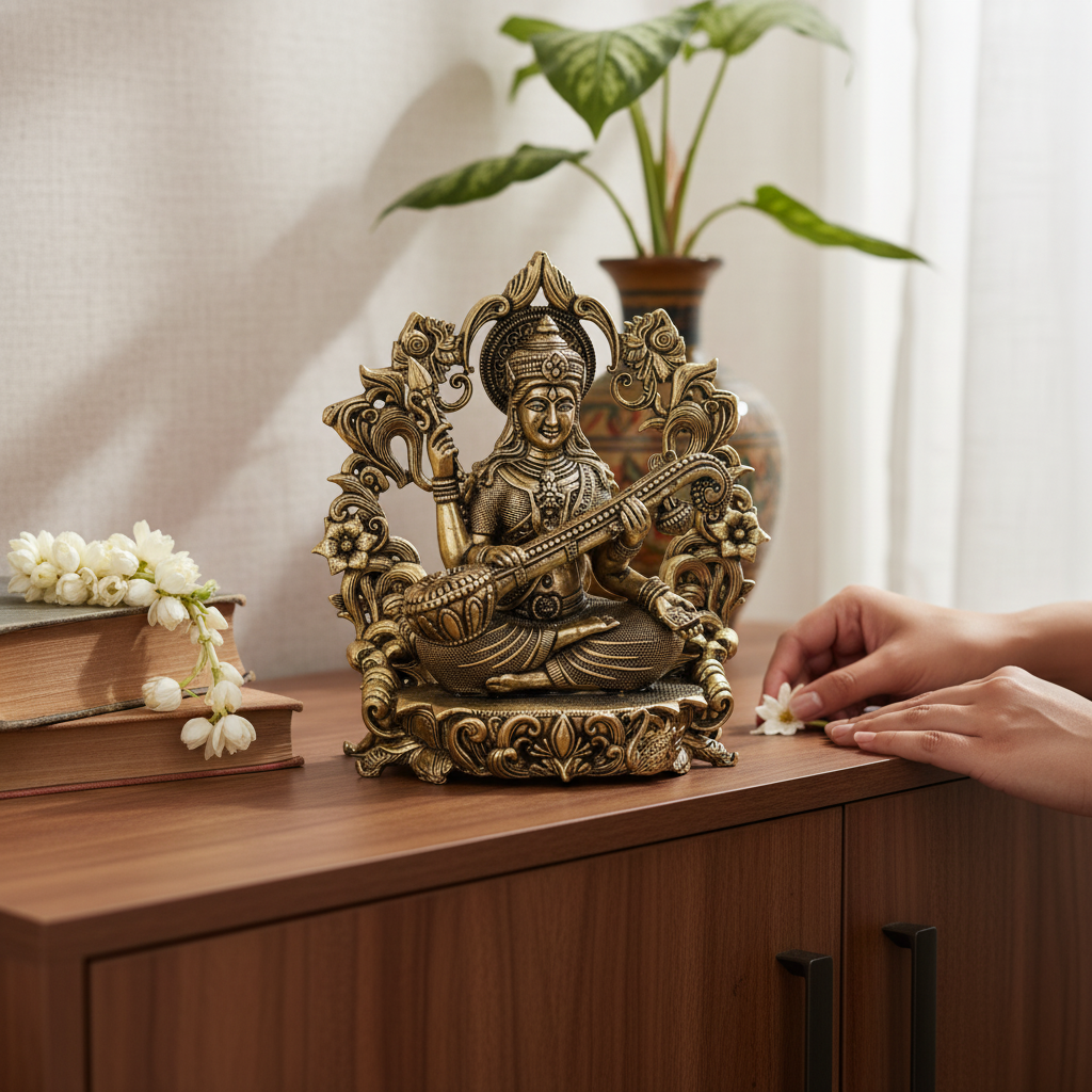 Antique Brass Goddess Saraswati Idol with Veena | Fine Brass Saraswati Murti