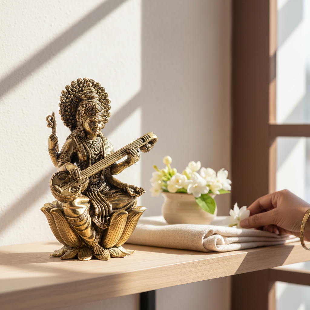 Antique Brass Goddess Saraswati Idol Sitting on Lotus