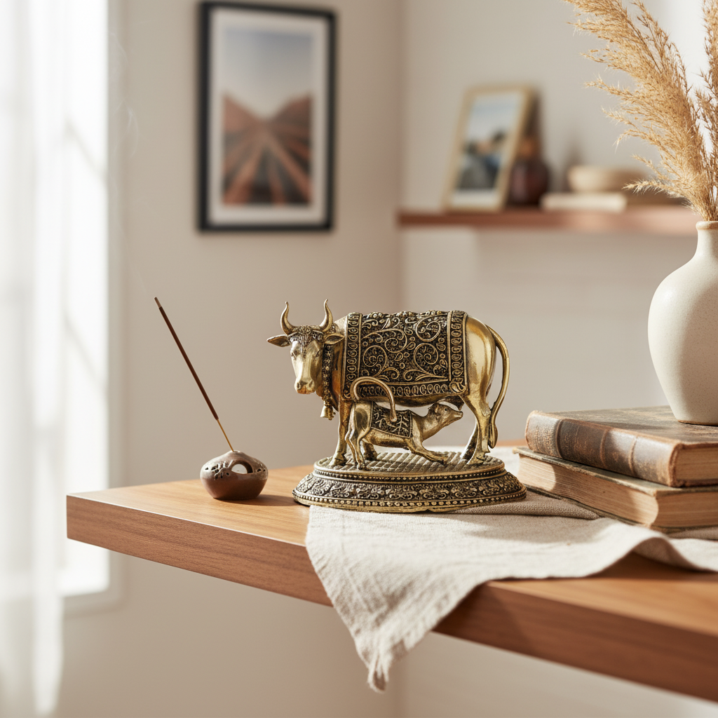 Antique Brass Kamdhenu Cow with Calf Idol | Fine Brass Gau Mata
