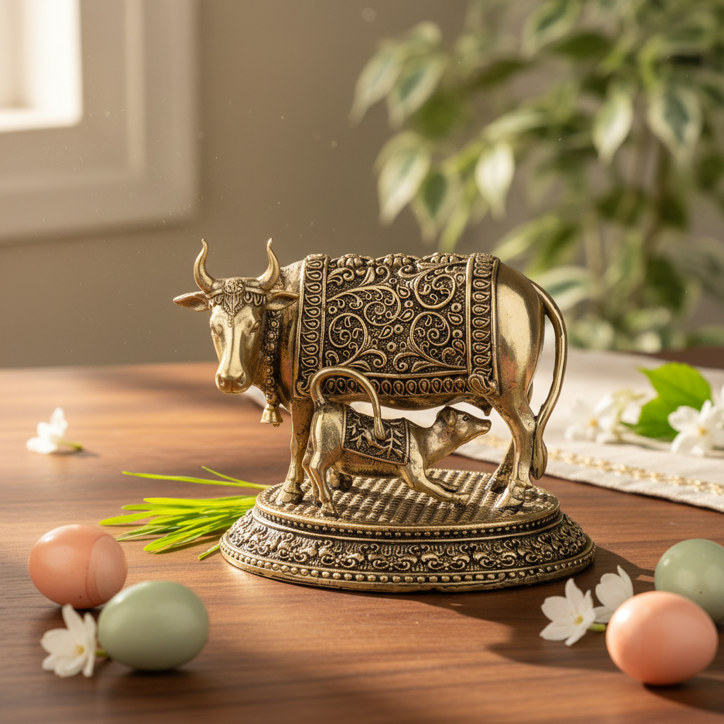 Antique Brass Kamdhenu Cow with Calf Idol | Fine Brass Gau Mata