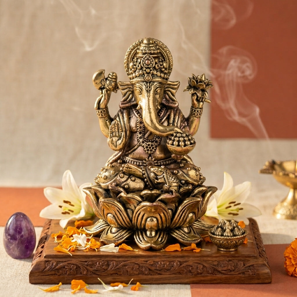 Antique Brass Ganesh Idol – Heavy Premium Lotus Base Showpiece