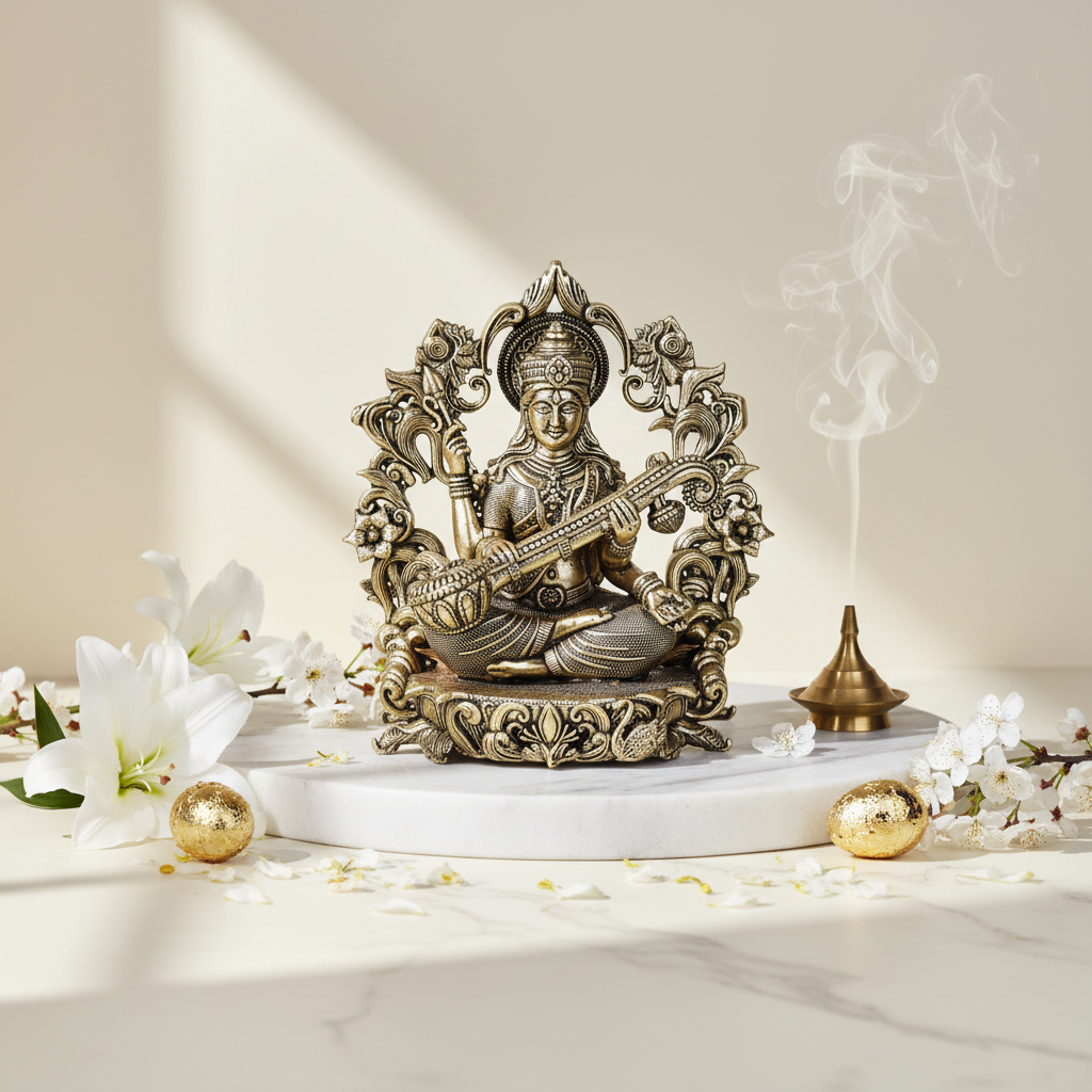 Antique Brass Goddess Saraswati Idol with Veena | Fine Brass Saraswati Murti