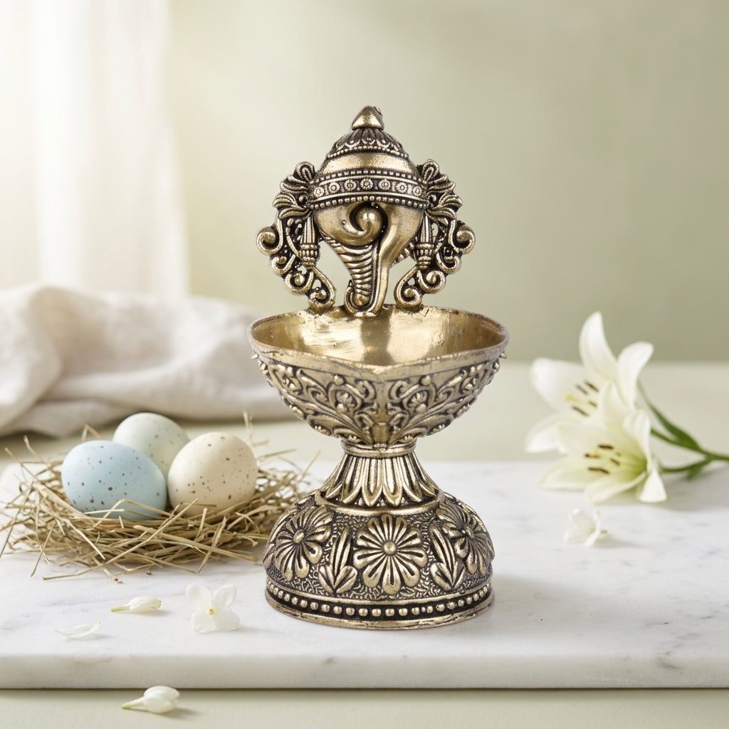Antique Brass Shankh Diya Stand | Conch Design Oil Lamp