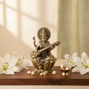 Antique Brass Goddess Saraswati Idol Sitting on Lotus