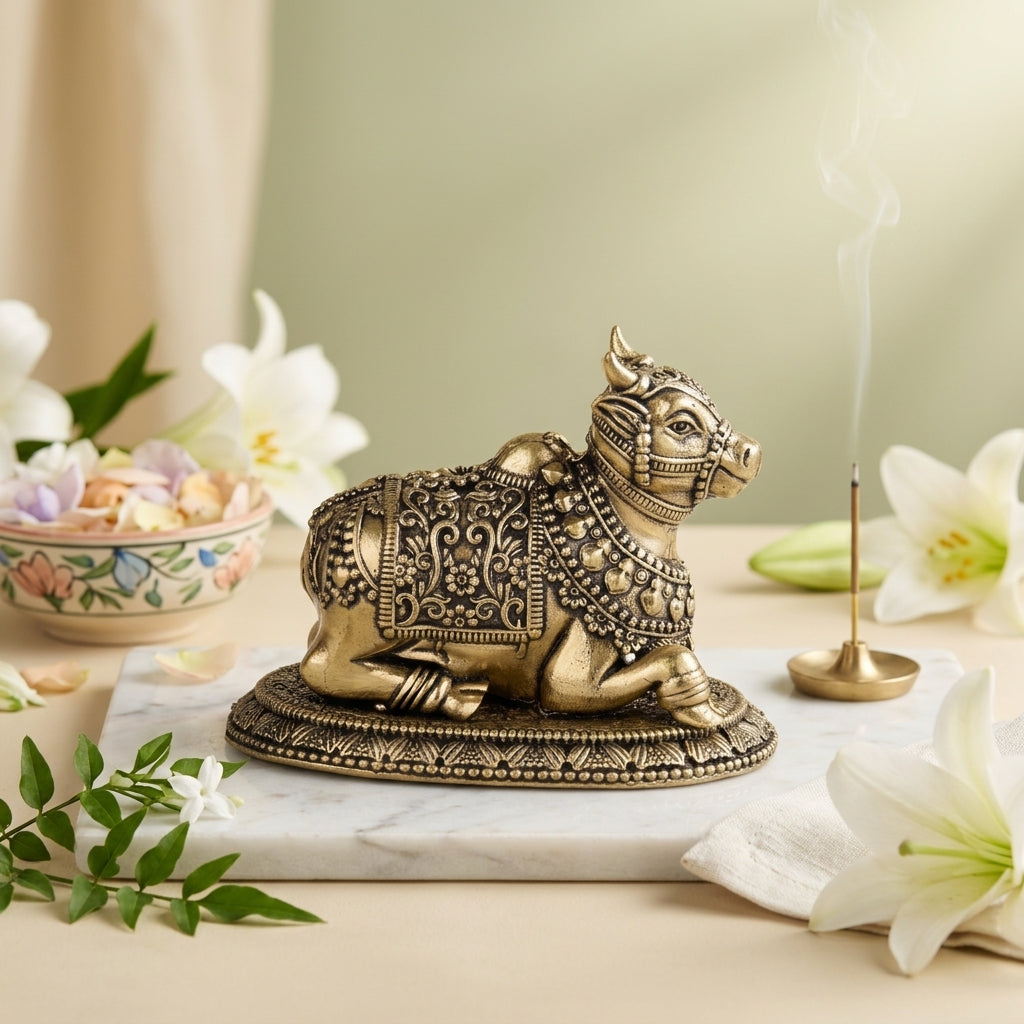 Antique Brass Nandi Bull Idol | Fine Brass Nandi Murti for Shiva Worship