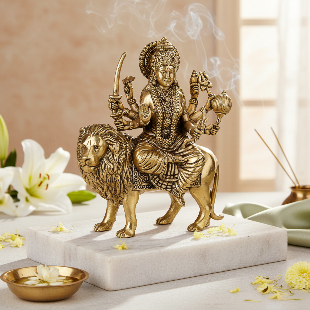 Fine Brass Durga Maa Idol with Lion for Home Décor– small Size