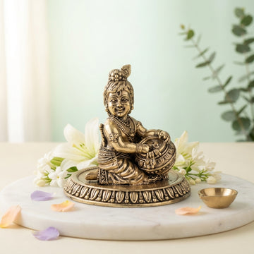 Antique Brass Bal Krishna Makhan Chor Idol | Fine Brass Laddu Gopal Murti