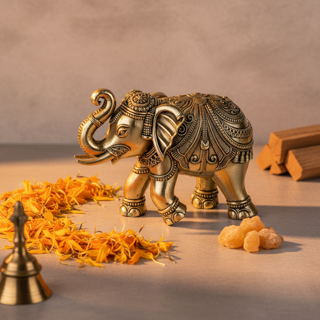 Antique Brass Elephant Idol | Lucky Elephant Statue for Wealth