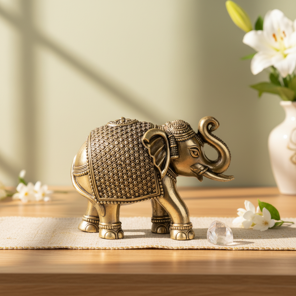 Antique Brass Royal Pattern Elephant Idol | Fine Brass Textured Elephant