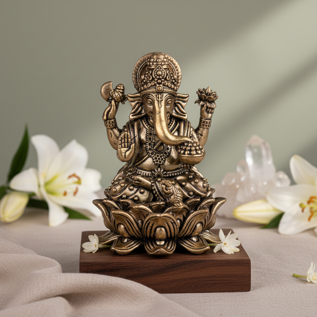 Antique Brass Ganesha Idol on Lotus – Fine Brass Ganpati