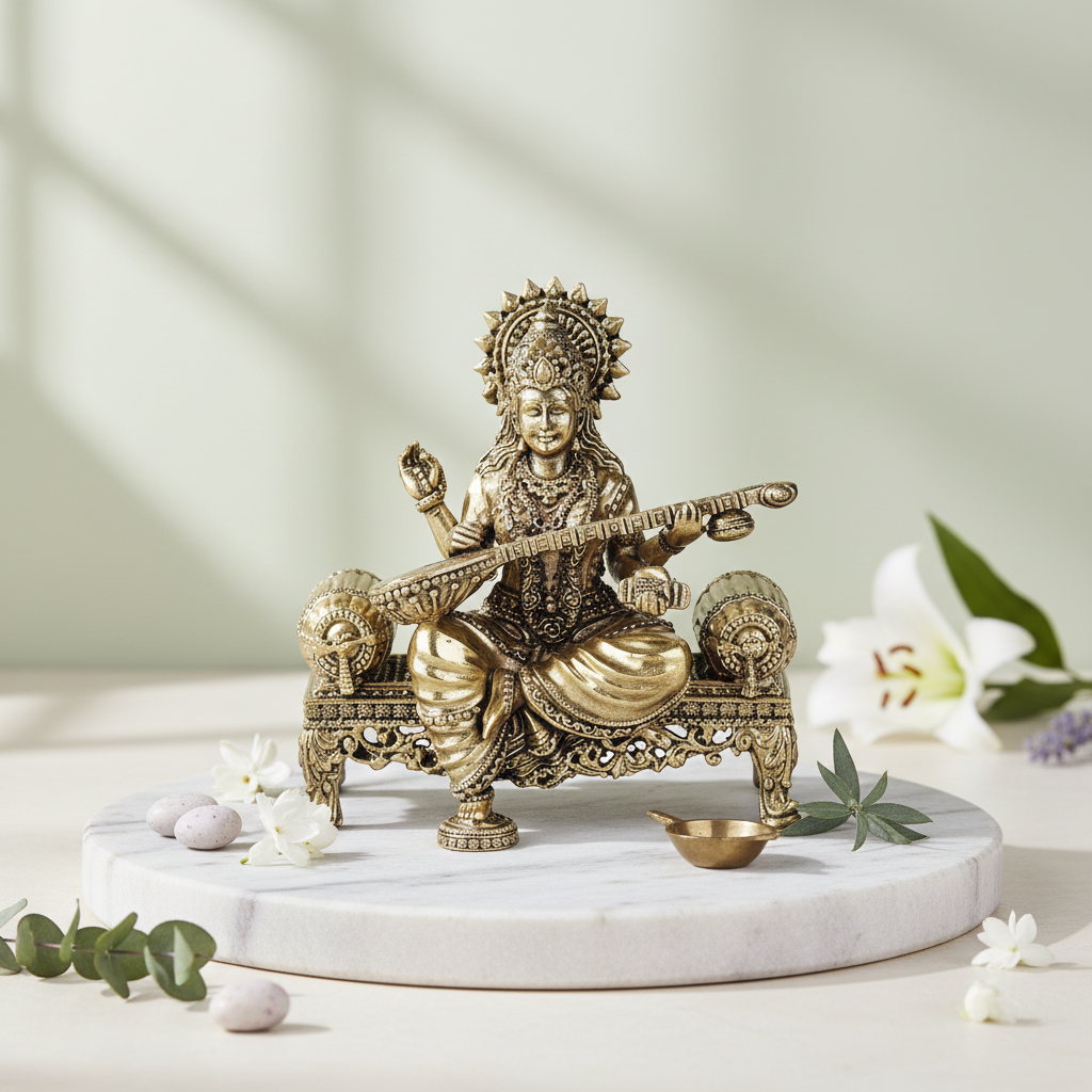 Fine Brass Saraswati Mata Idol with Veena – Decorative Showpiece