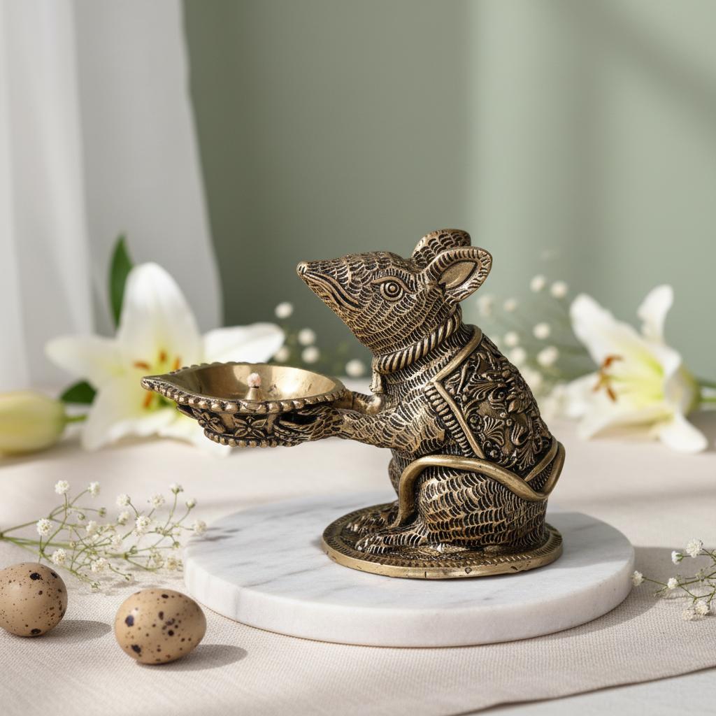Antique Brass Mooshak (Mouse) Diya | Fine Brass Ganesh Ji Vahan Deepak