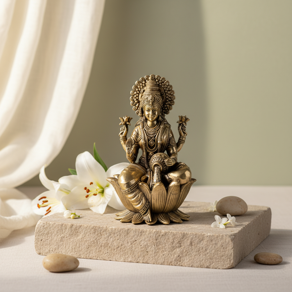 Antique Brass Goddess Lakshmi Sitting on Lotus Idol | Fine Brass Laxmi Murti
