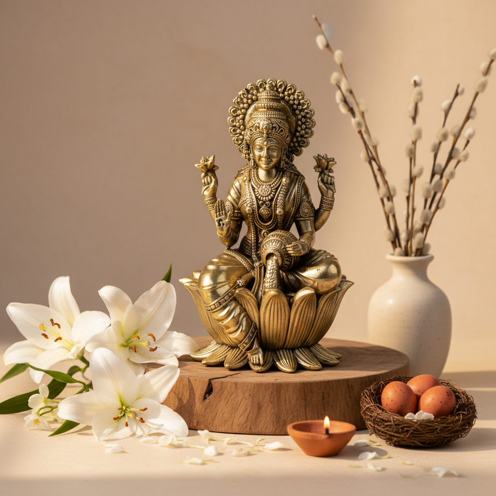 Antique Brass Goddess Lakshmi Idol Sitting on Lotus