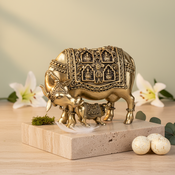 Antique Brass Kamdhenu Cow & Calf Idol – Premium Decor Statue