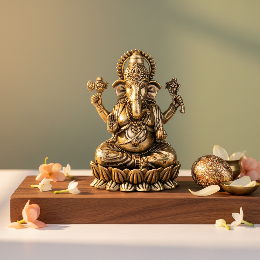 Antique Brass Ganesha Idol – Small Sitting Ganpati Murti