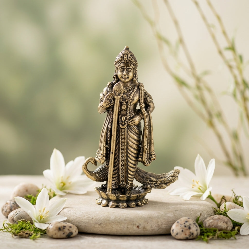 Antique Brass Lord Kartikeya Idol – Murugan Swami with Vel & Peacock