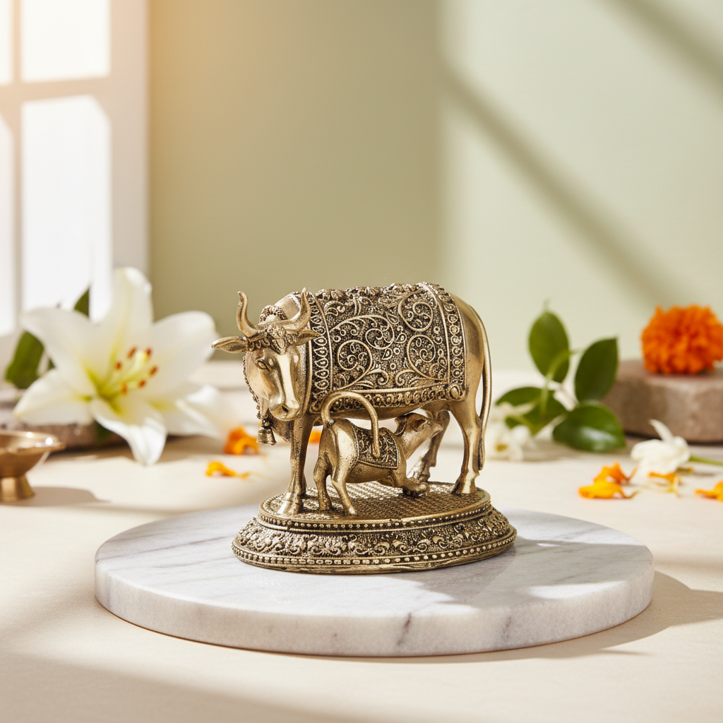 Antique Brass Kamdhenu Cow with Calf Idol | Fine Brass Gau Mata Murti