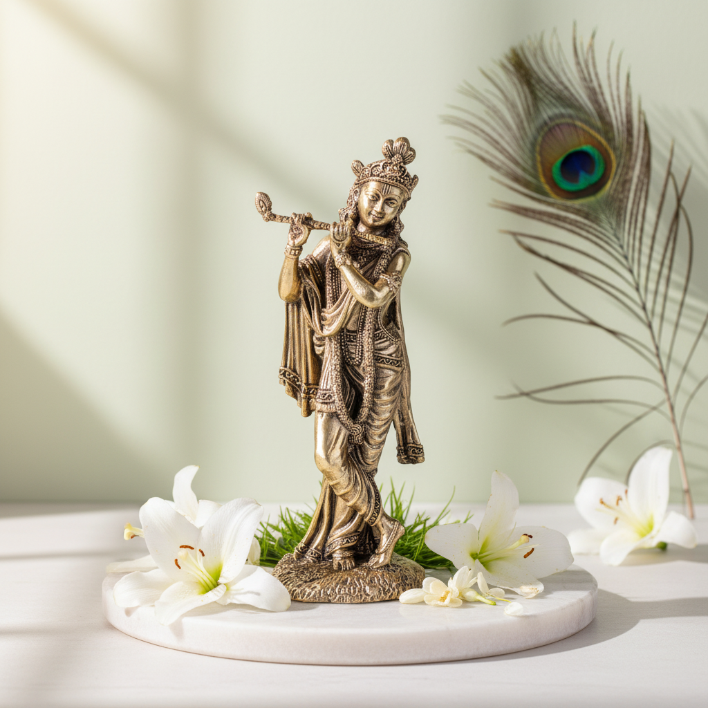 Fine Brass Standing Krishna Idol with Flute – Decorative Showpiece