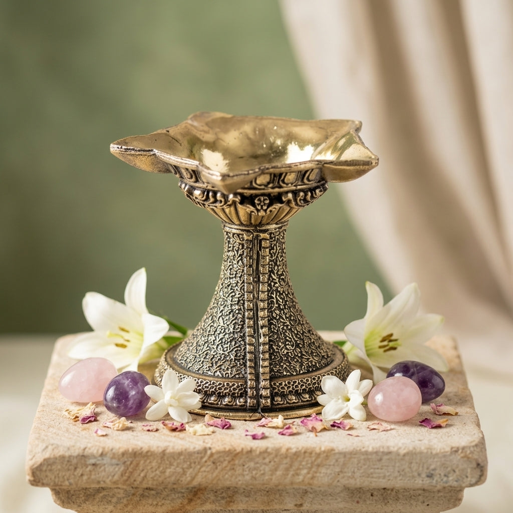 Antique Brass Diya Stand Oil Lamp | Premium Wide Plate Brass Deepak for Pooja
