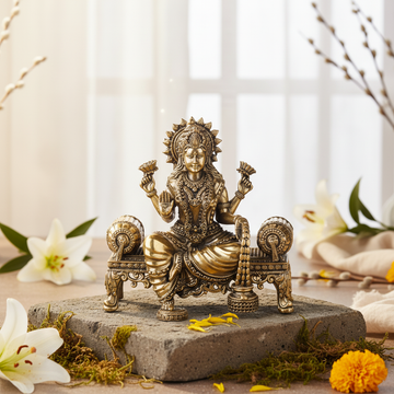 Antique Brass Goddess Lakshmi Sitting on Sofa Idol | Fine Brass Laxmi Murti