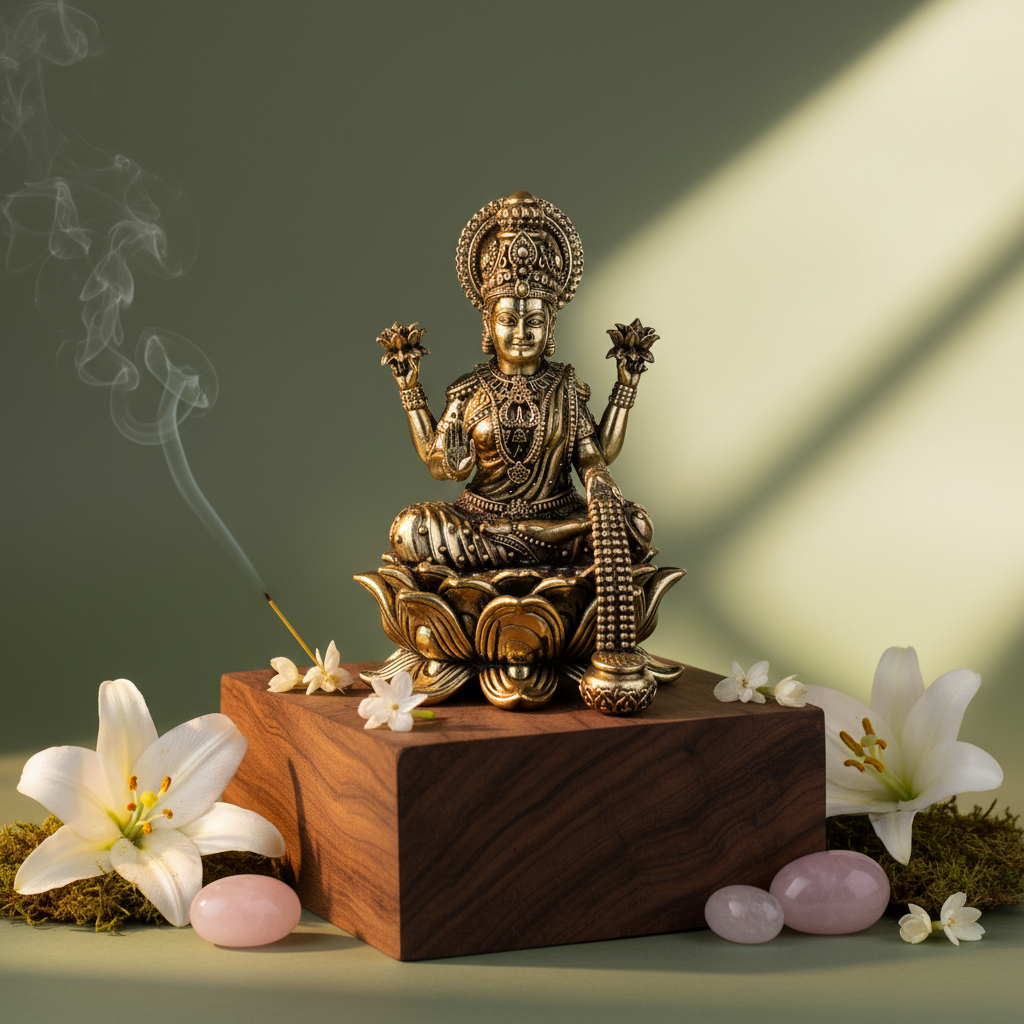 Fine Brass Maa Lakshmi Idol on Lotus – Medium Size