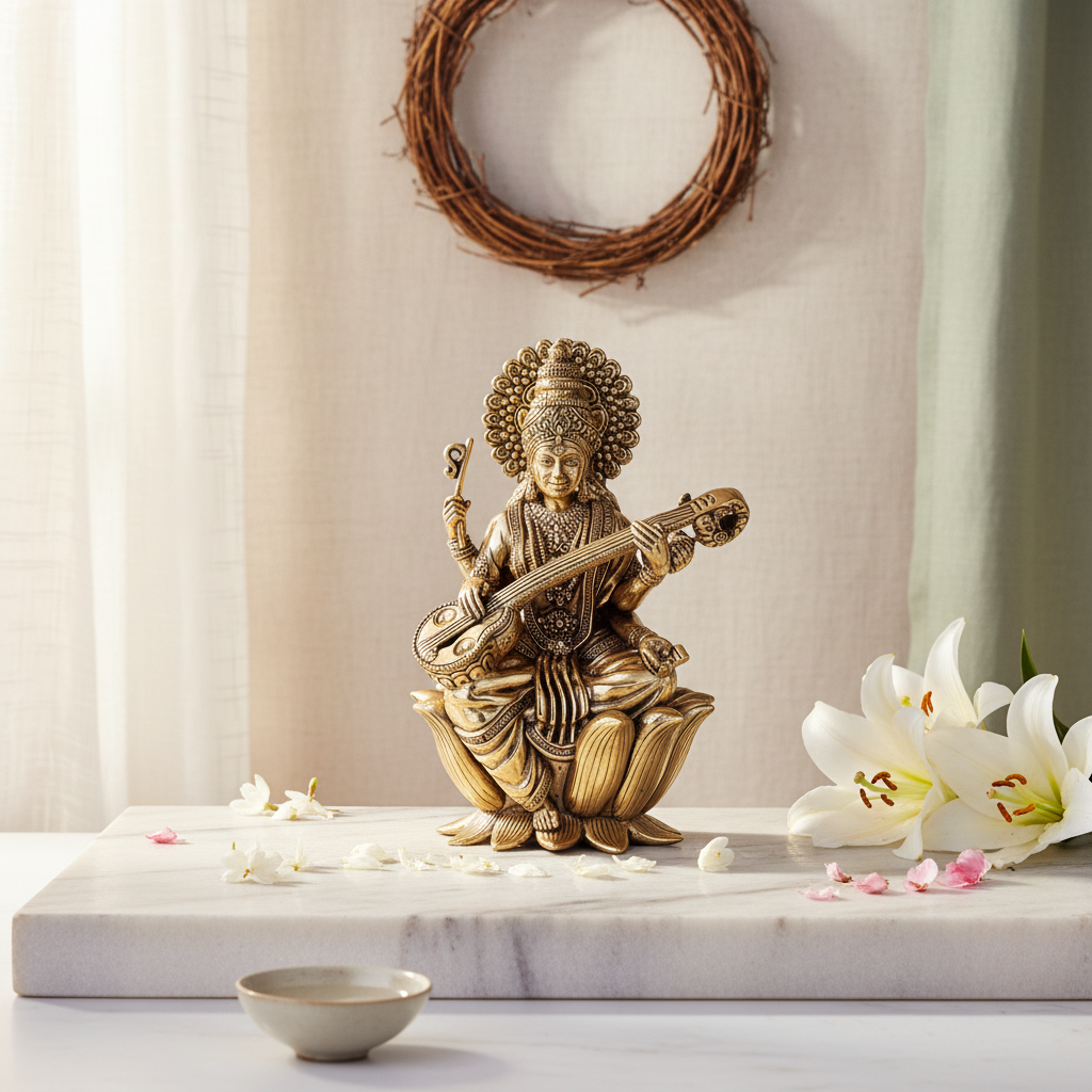 Antique Brass Goddess Saraswati Idol – Fine Brass Saraswati Murti