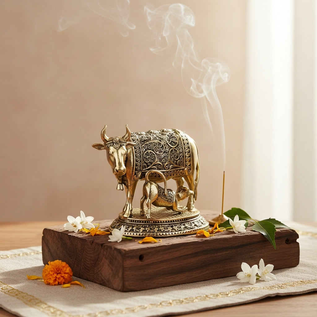 Fine Brass Kamdhenu Cow with Calf Idol – Small Size