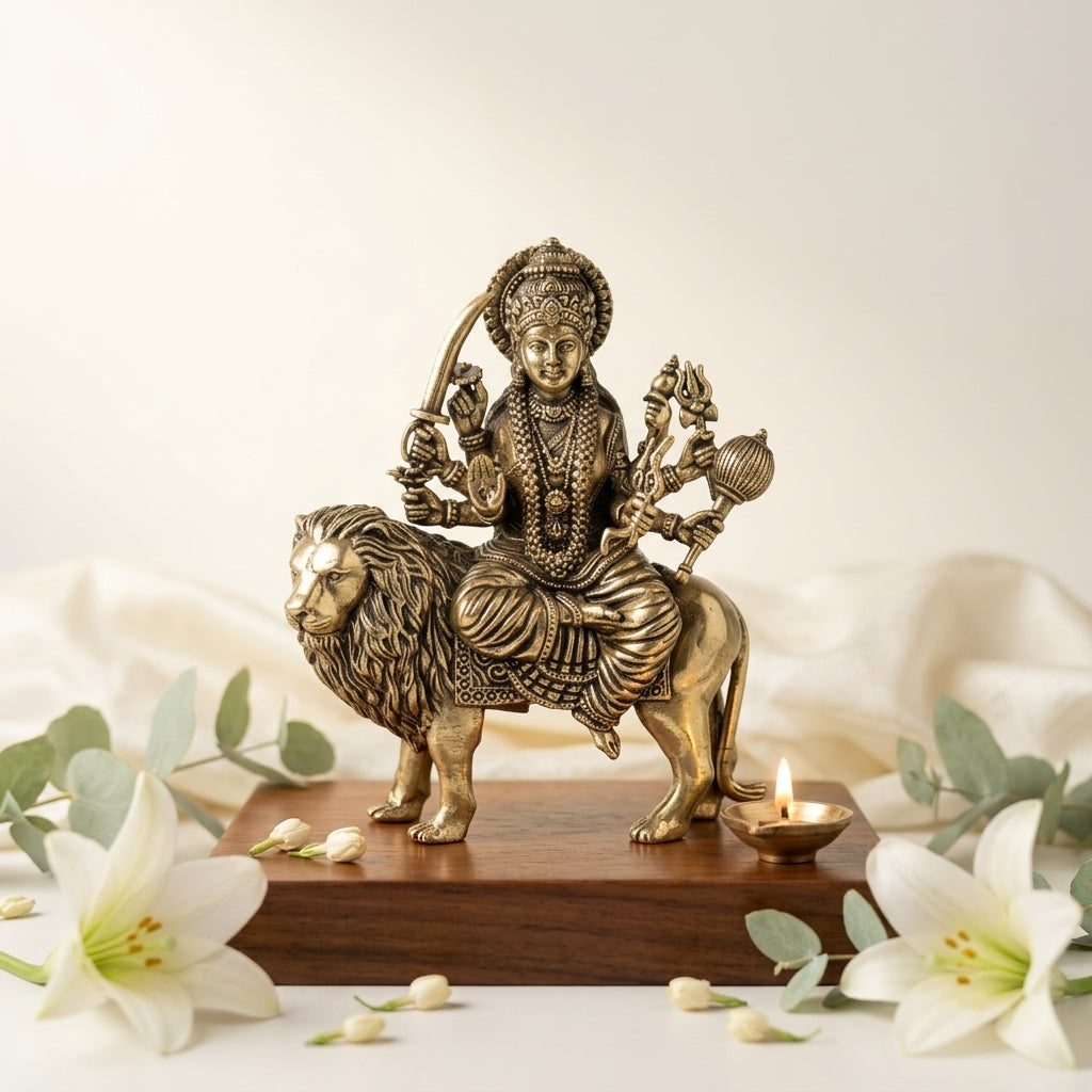 Fine Brass Maa Durga Idol on Lion – Decorative Spiritual Showpiece