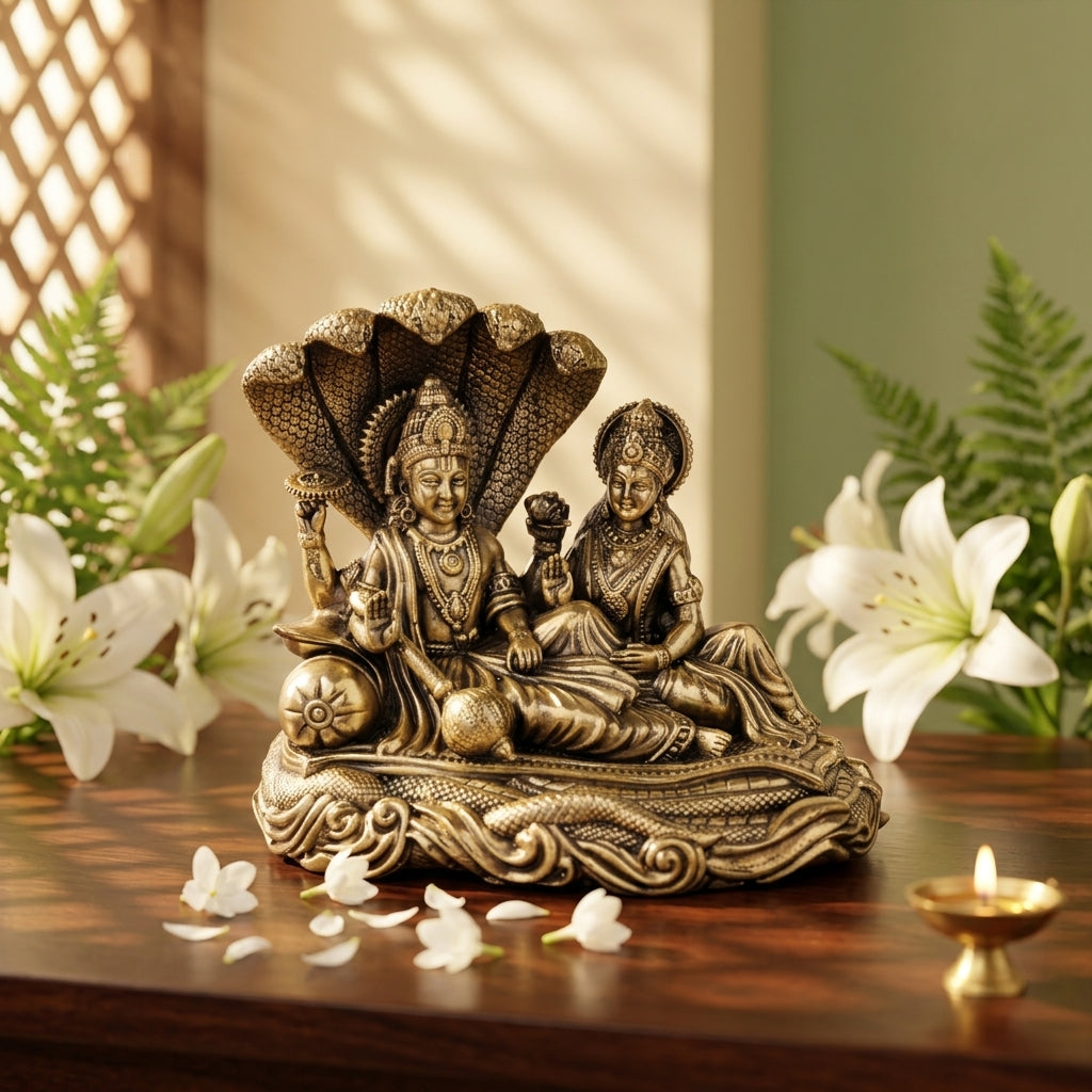 Fine Brass Vishnu Lakshmi Idol on Sheshnag – Decorative Spiritual Showpiece