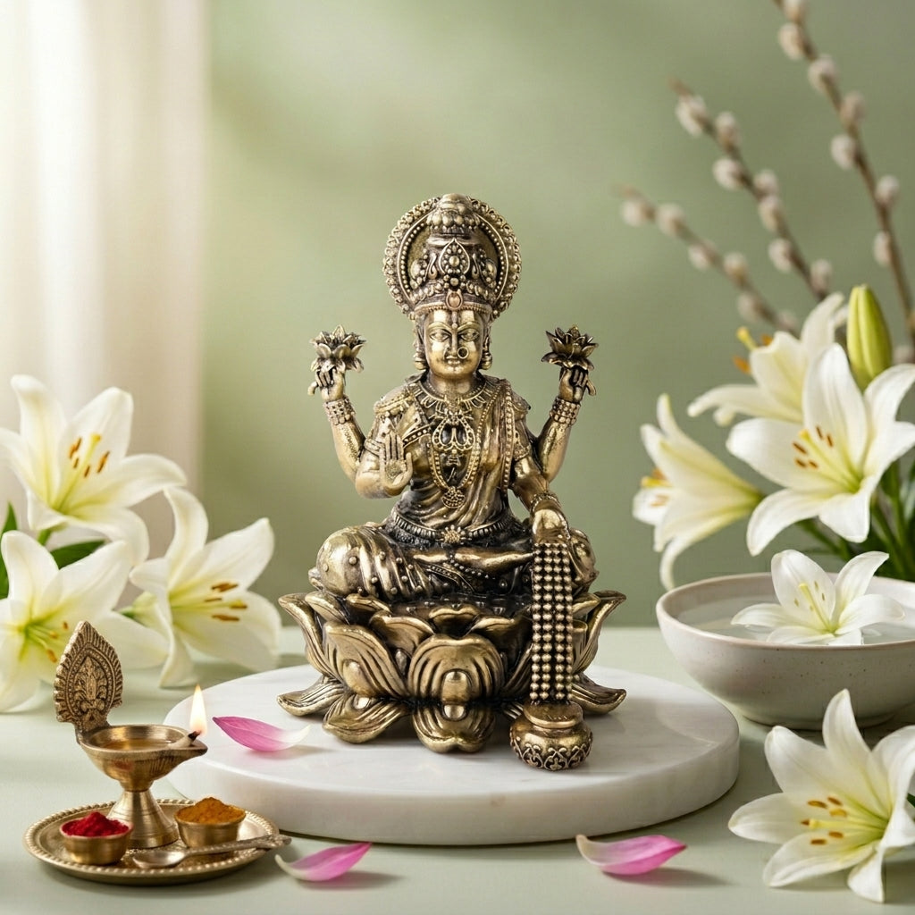 Antique Brass Maa Lakshmi Idol with Coin Flow | Fine Brass Laxmi Murti