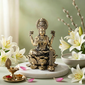 Antique Brass Maa Lakshmi Idol with Coin Flow | Fine Brass Laxmi Murti