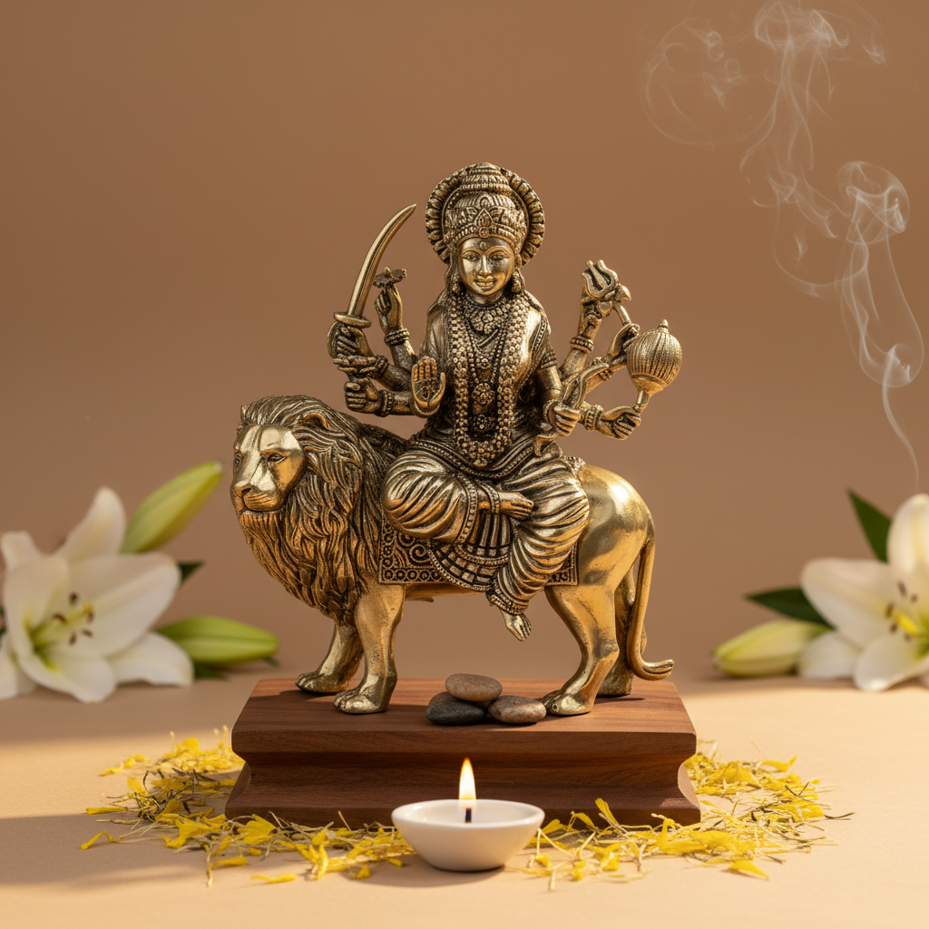 Fine Brass Durga Maa Idol with Lion – Medium Size
