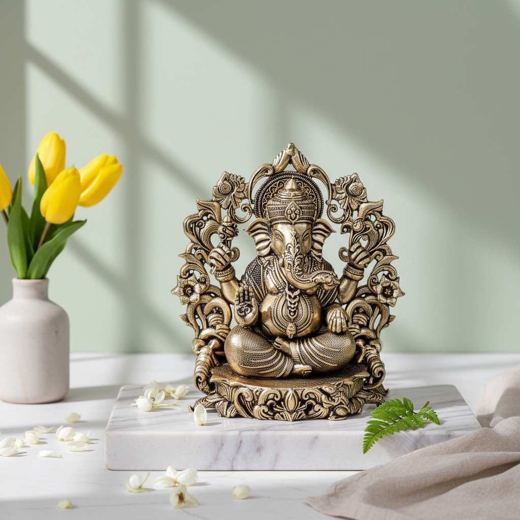 Antique Brass Lord Ganesha Idol with Decorative Frame