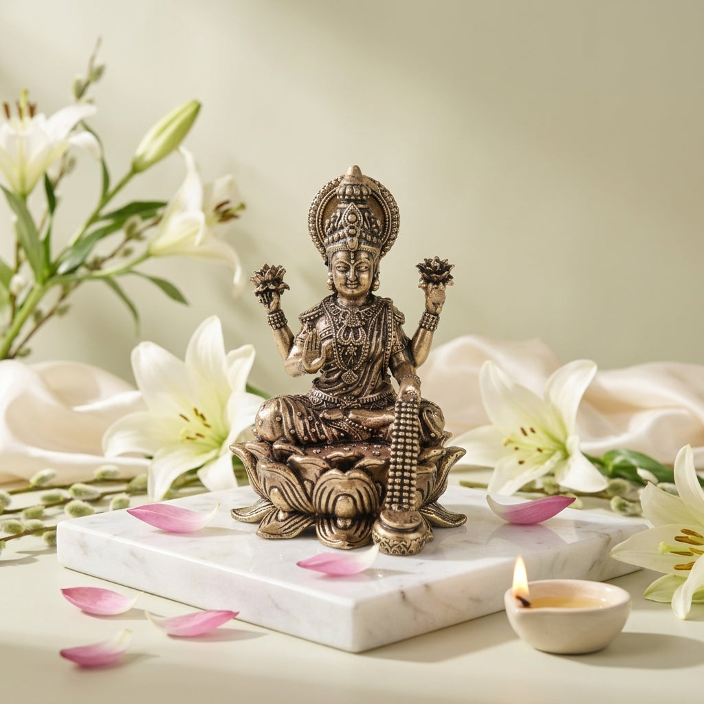 Antique Brass Maa Lakshmi Idol Sitting on Lotus | Fine Brass Goddess Lakshmi