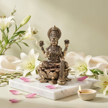 Antique Brass Maa Lakshmi Idol Sitting on Lotus | Fine Brass Goddess Lakshmi
