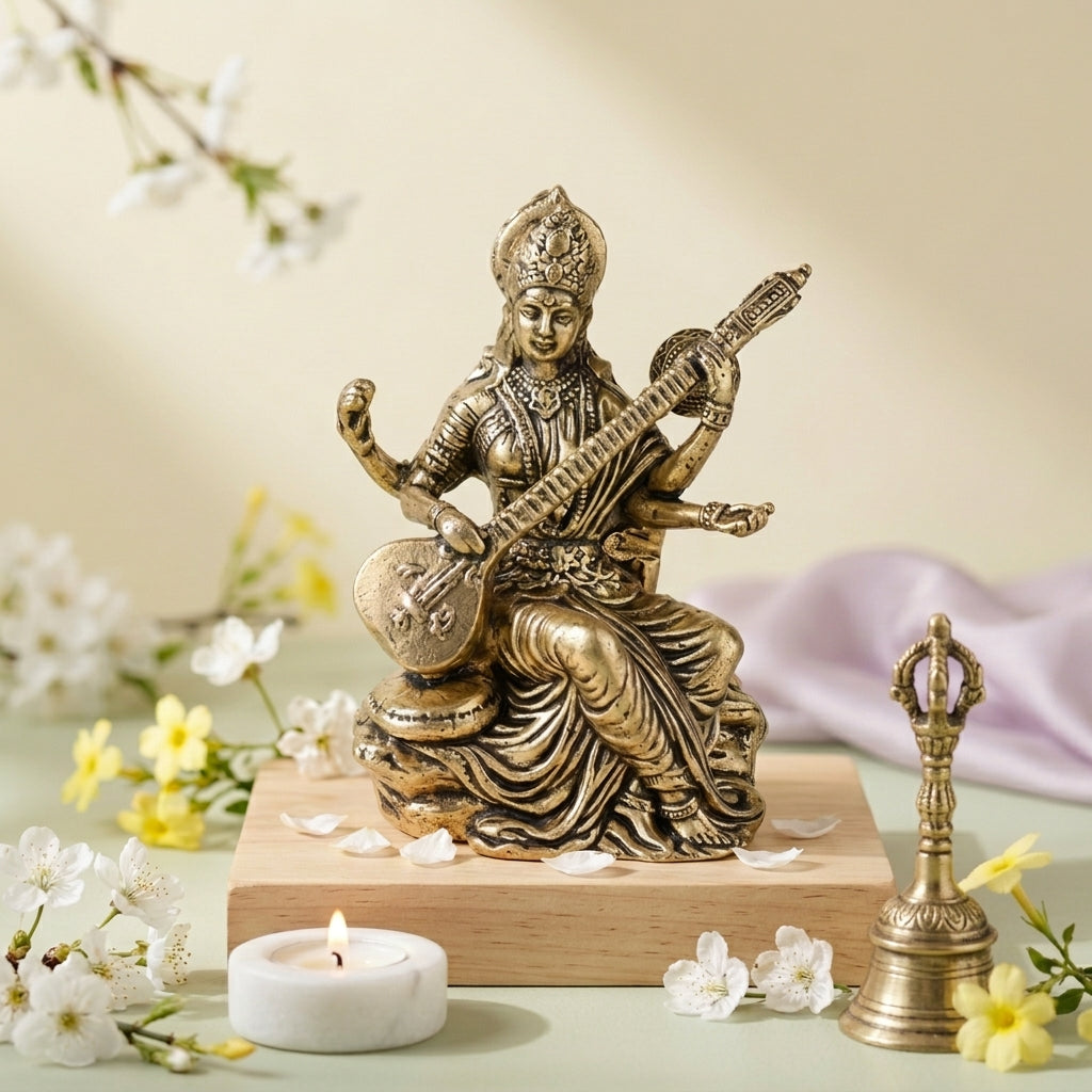 Antique Brass Goddess Saraswati Idol with Veena | Maa Saraswati Murti