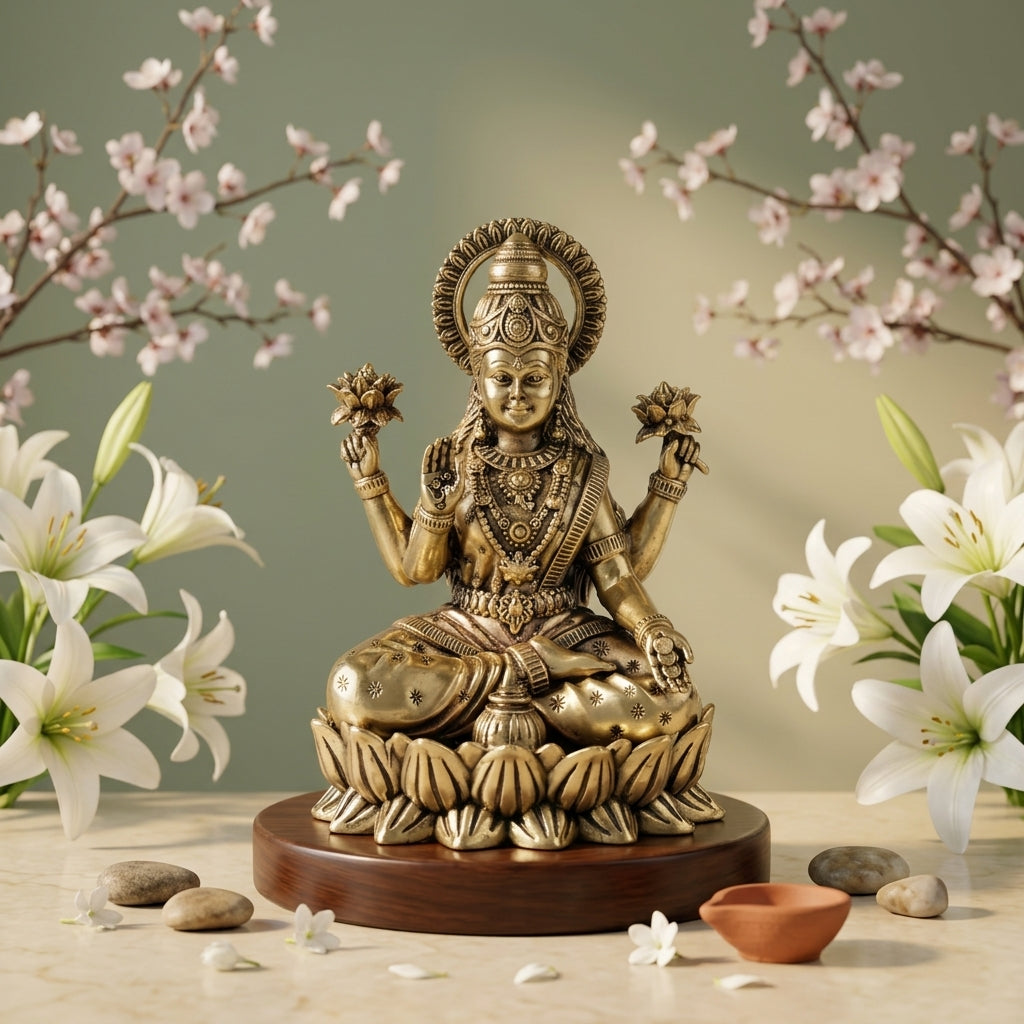 Antique Brass Goddess Lakshmi Idol Sitting on Lotus | Wealth & Prosperity Statue
